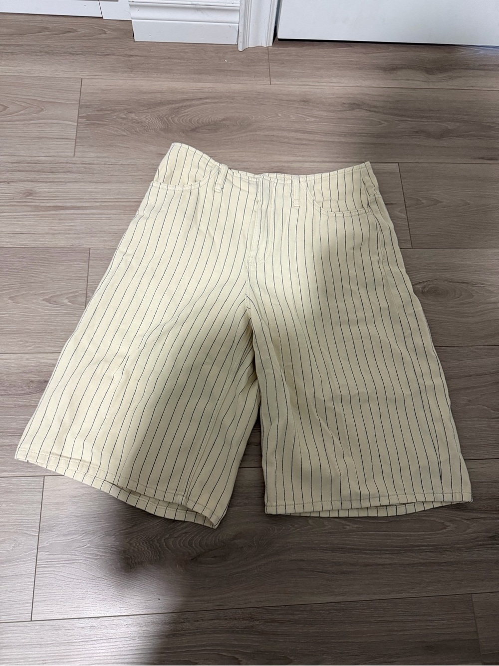 Women's Pinstripe Wide-Leg Shorts in Pale Yellow
